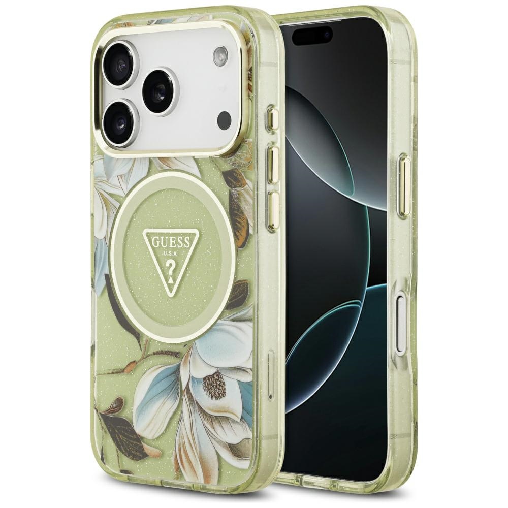 Калъф за iPhone 17 Pro Max - Guess IML Metal Glitter Flowers Triangle MagSafe (GUHMP17XHFLPEDN) - Зелен