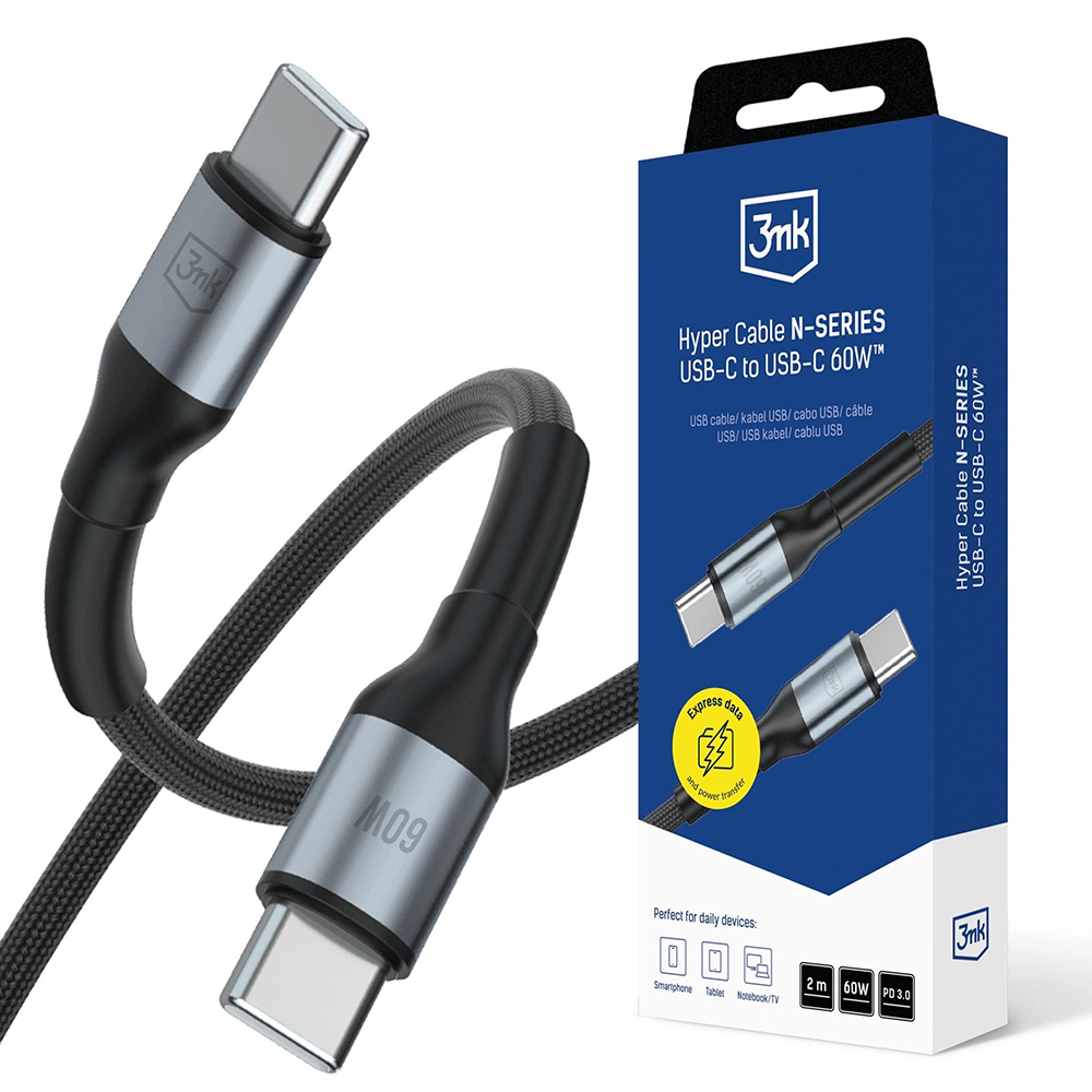 Бърз захранващ кабел, USB-C, 60W, 2m - 3mk Hyper N-серия - Черен
