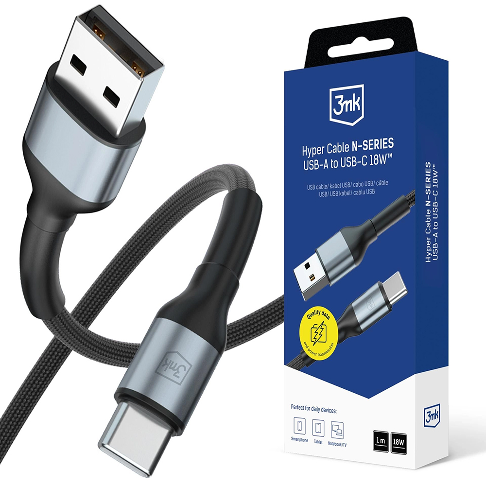 Захранващ кабел, USB, USB, USB-C, 18W, 1.2m - 3mk Hyper N-Series - Черен