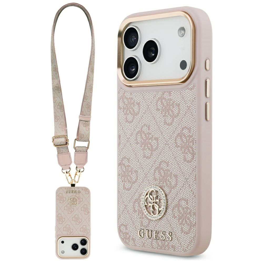 Калъф за iPhone 17 Pro Max - Guess Hardcase 4G Strass Logo & Big Strap (GUHMP17XP4G4G4DCSP) - Розов