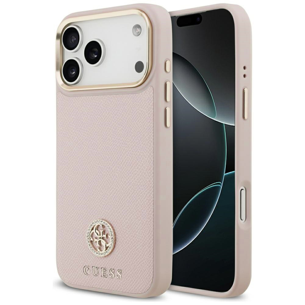 Калъф за iPhone 17 Pro Max - Guess Grained Rhinestone Logo MagSafe - Розов