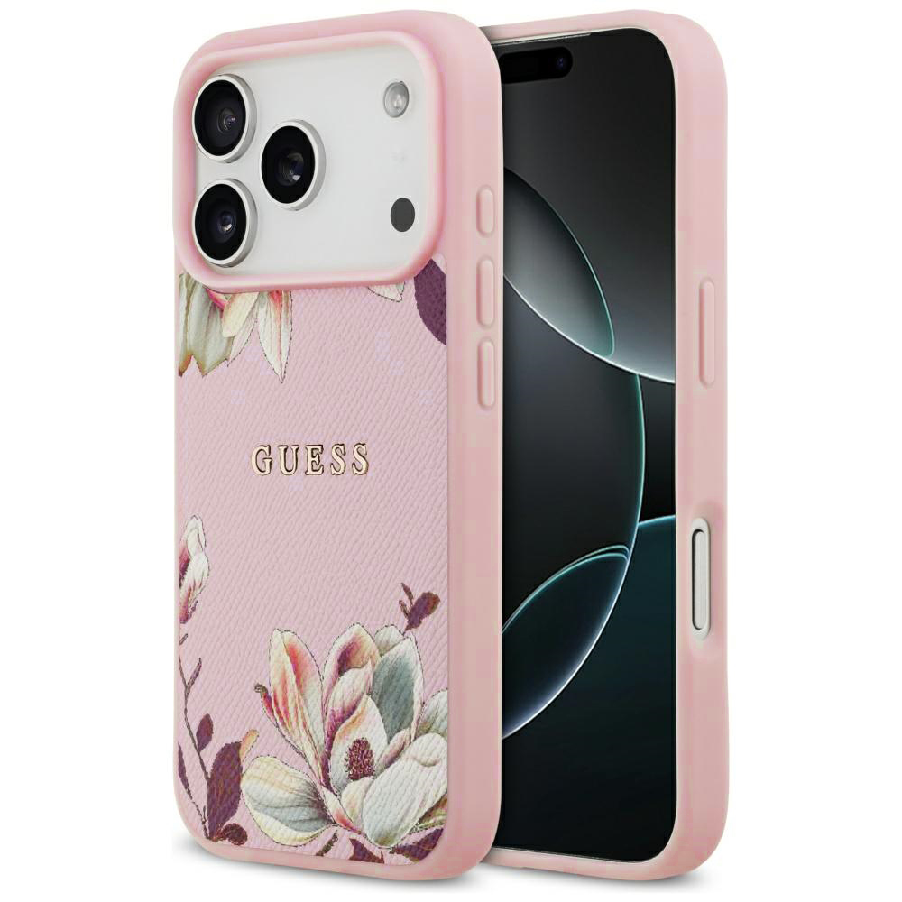 Калъф за iPhone 17 Pro - Guess Grained Flowers MagSafe (GUHMP17LPGNMPLMPLMP) - Розов