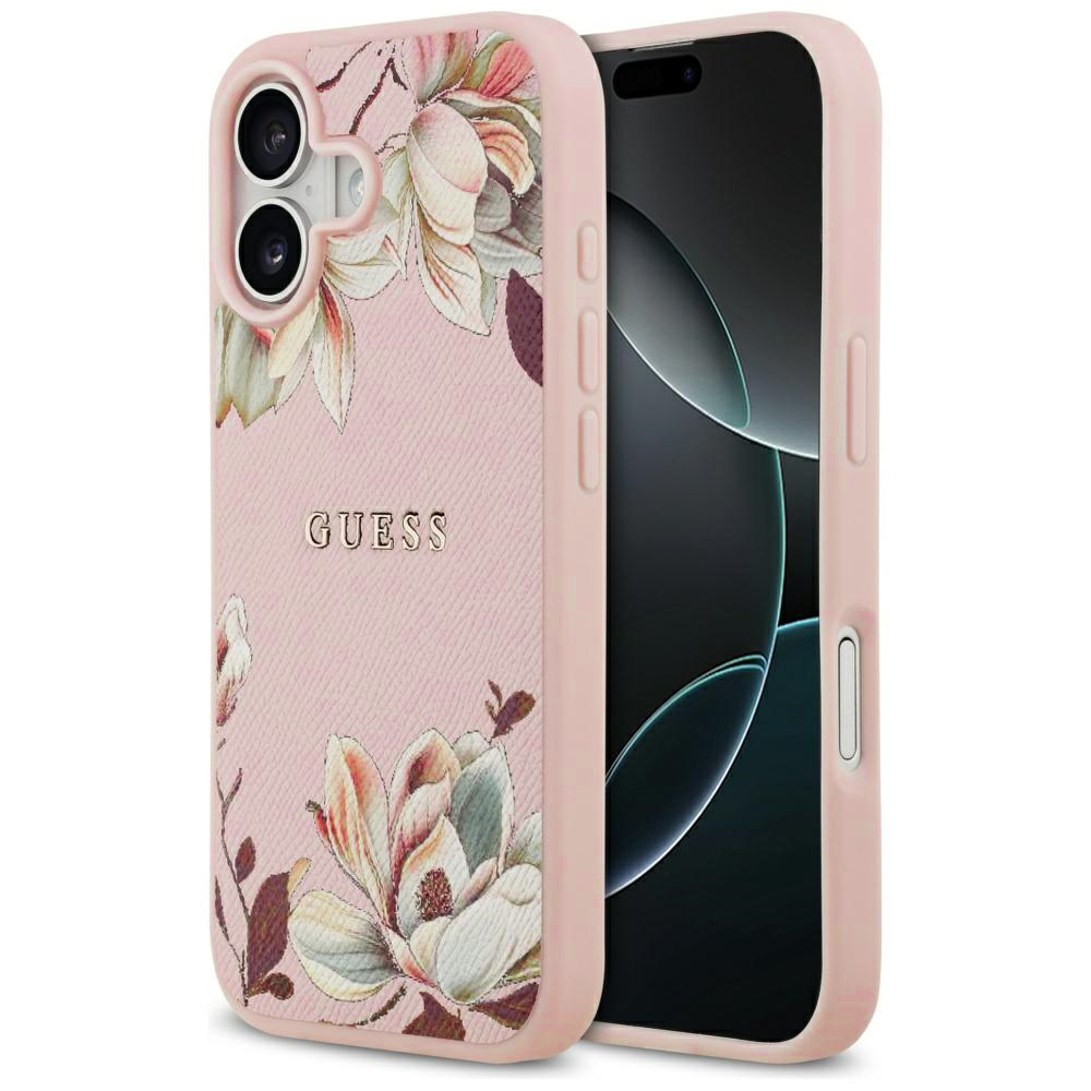 Калъф за iPhone 17 - Guess Grained Flowers MagSafe (GUHMP17SPGNMPMPLMP) - Розов