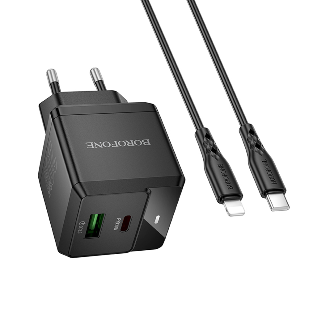 Plug Charger, USB + Type-C, PD20W, QC3.0, 5V/3A + USB-C към Lightning кабел - Borofone Intenso (BN19) - Черен