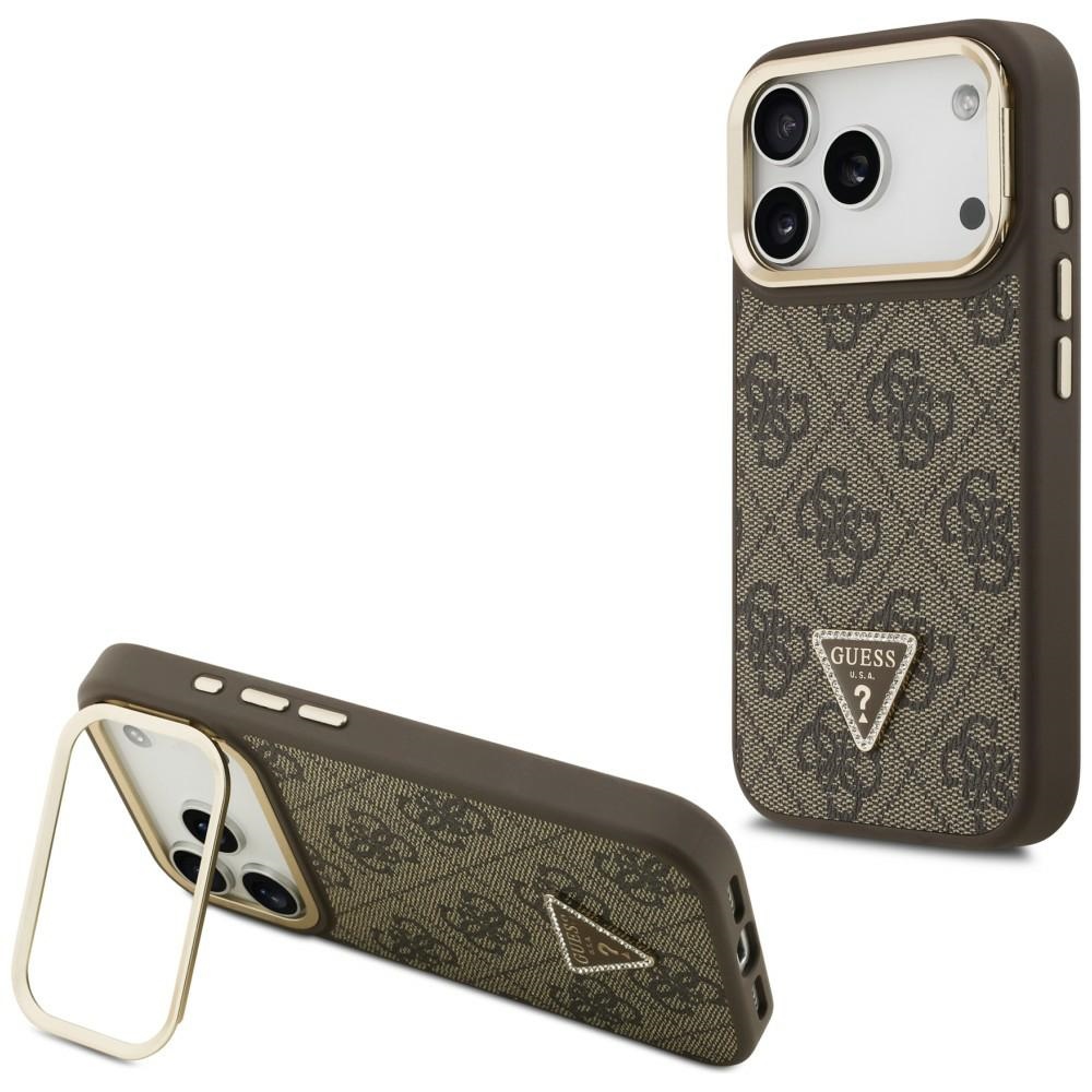 Калъф за iPhone 17 Pro Max - Guess Hardcase 4G Triangle Logo MagSafe с камера на стойка (GUHMP17XPCS4GPTW) - Кафяв