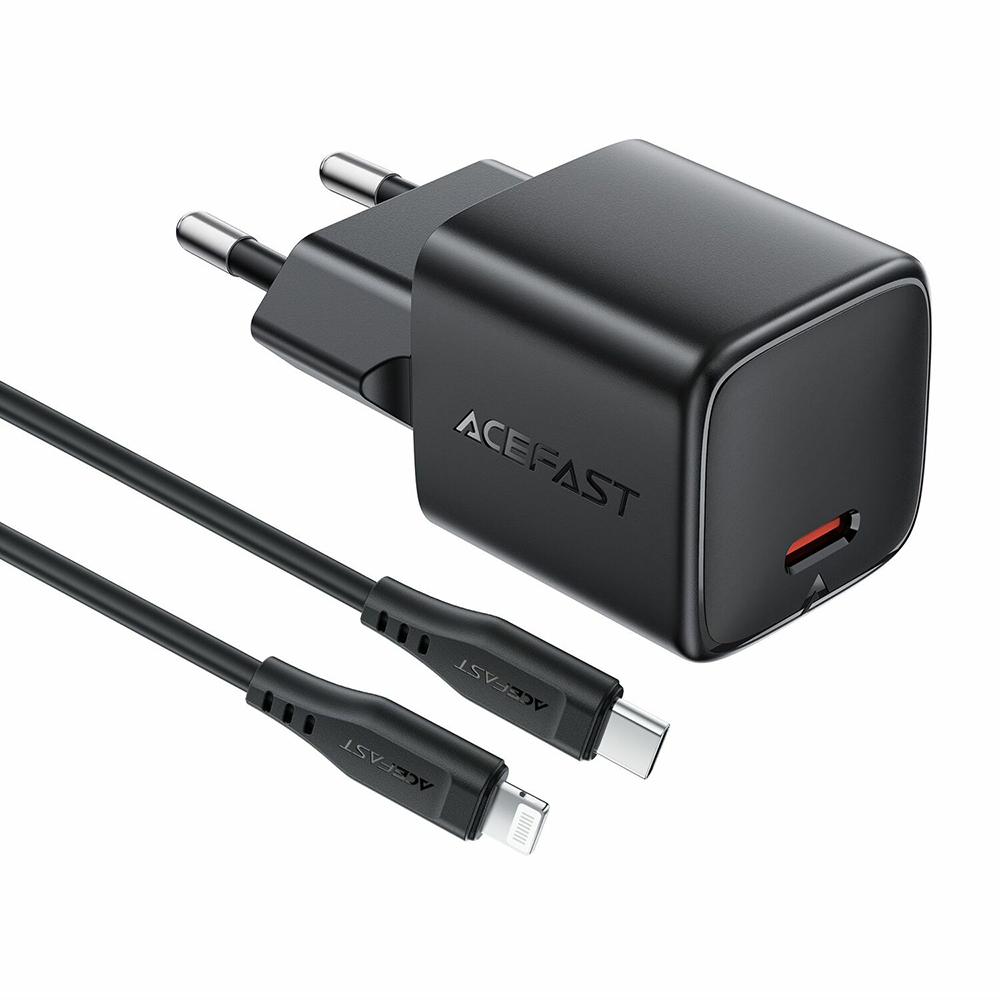 30W Type-C, GaN, Type-C, 30W захранващ адаптер с 1,2m USB-C към Lightning кабел - Acefast (A118) - Черен