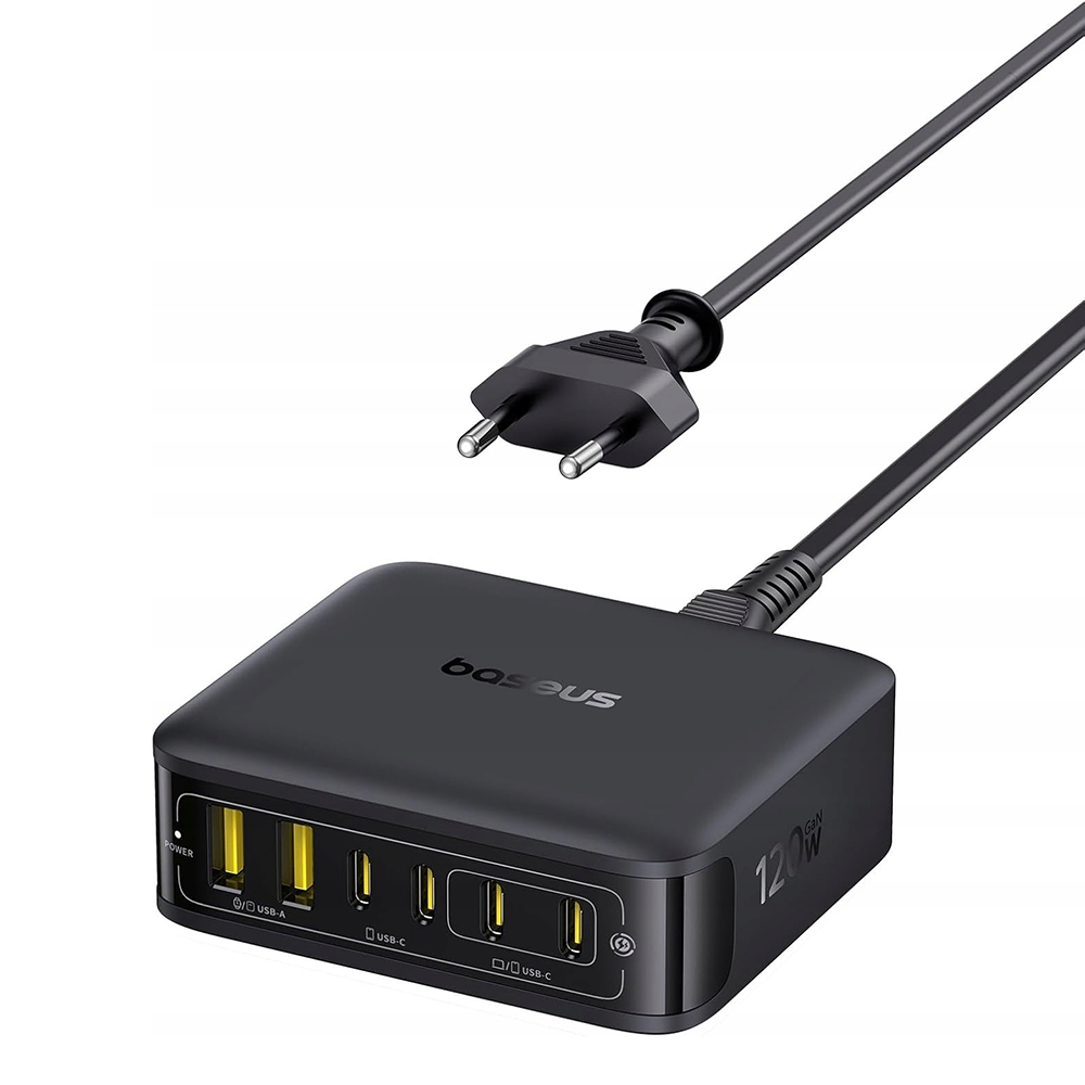 Зарядно за контакт, 4x Type-C, 2x USB, 120W, GaN, 1.5м - Baseus EnerFill FH21 (E0120T00) - Черно
