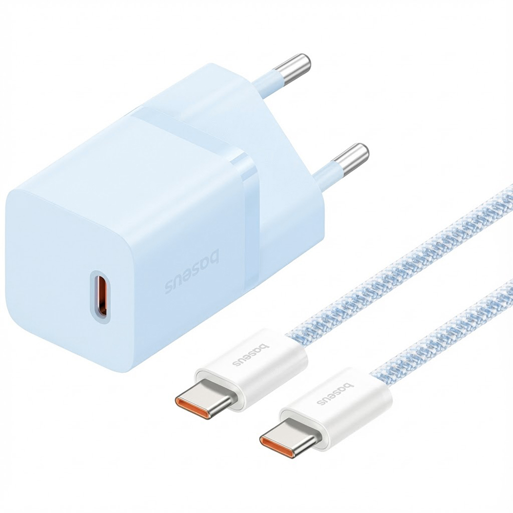 Зарядно устройство Type-C, бързо зареждане, GaN, 30W + кабел Type-C 100W, 1m - Baseus (P1011090902313-00) - Galaxy Син