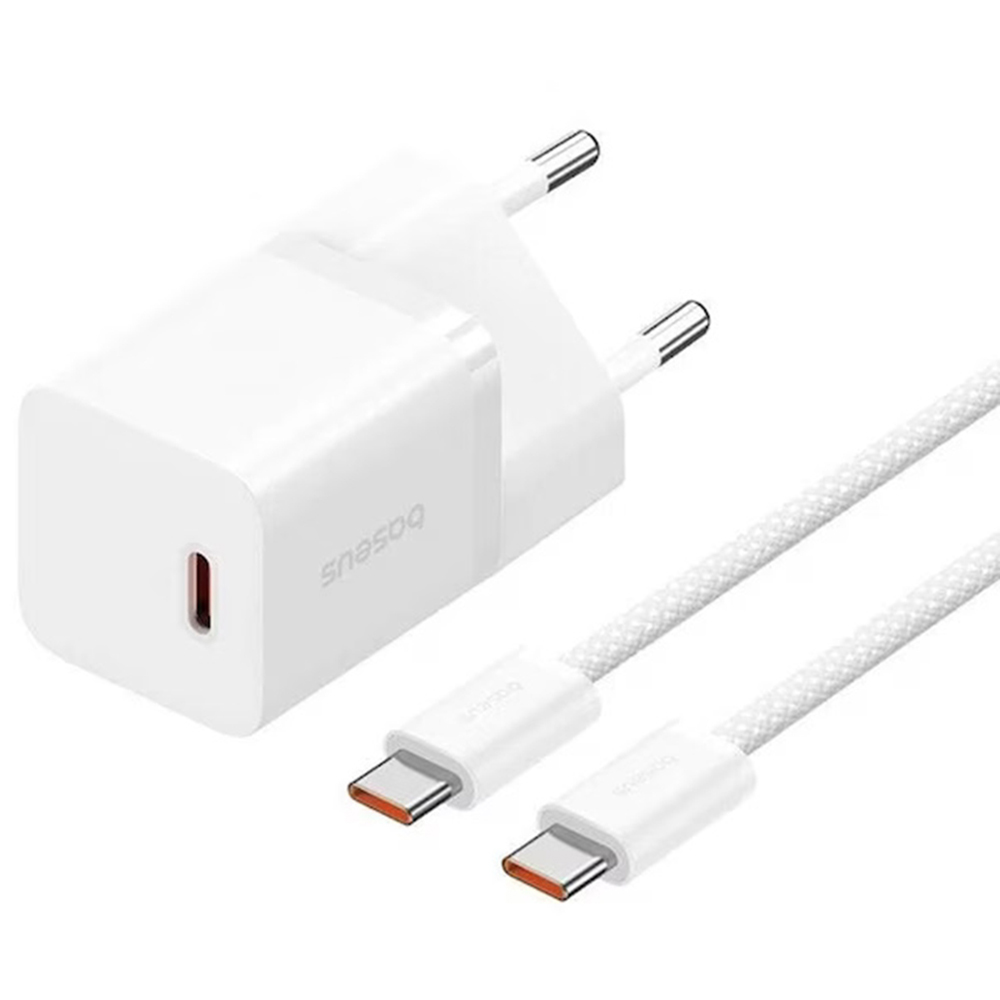Зарядно устройство Type-C, бързо зареждане, GaN, 30W + кабел Type-C 100W, 1m - Baseus (P1011090902213-00) - Moon Бял