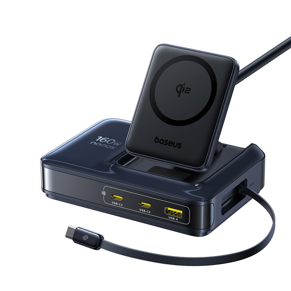 Зарядна станция, 3x Type-C, 1x USB, Qi2 безжично зареждане, 160W - Baseus Nomos NH21 (E0121700) - Космическо черно