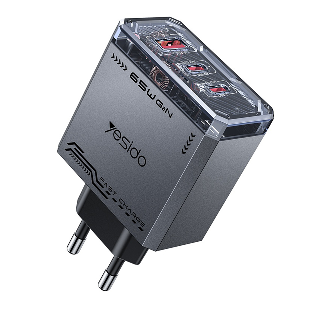 USB зарядно за контакт, 2x Type-C, 65W, GaN, бързо зареждане - Yesido (YC101) - Черен