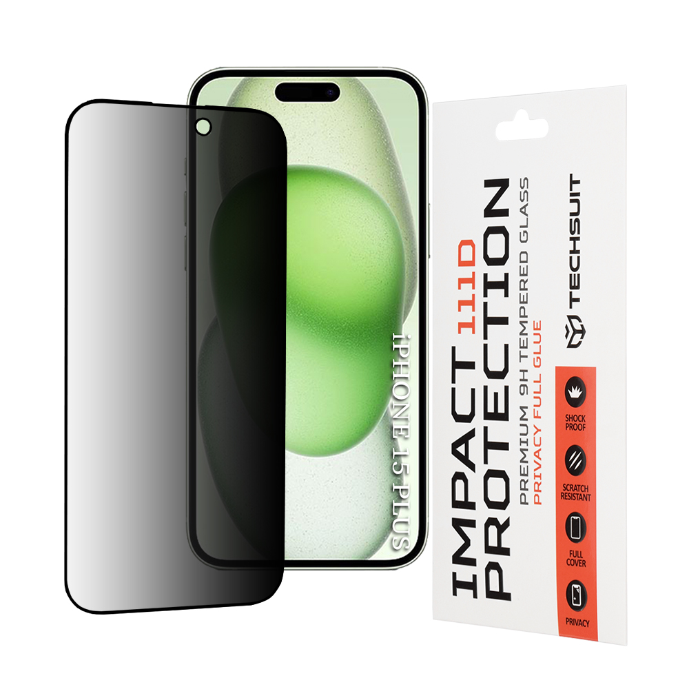 Калъф за iPhone 15 Plus / iPhone 16 Plus - Techsuit 111D Privacy Full Glue - Черен