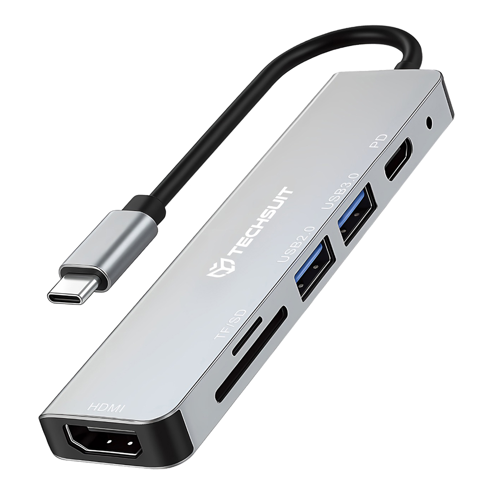Multiport Hub, Type-C to 2x USB, Type-C, HDMI, TF/SD Card, PD100W, 4K@30Hz - Techsuit TurboChargeX 6 in 1 (H5) - Сив