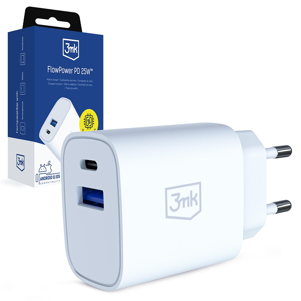 GaN зарядно за контакт, USB, Type-C 25W, QC4 - 3mk - Бял