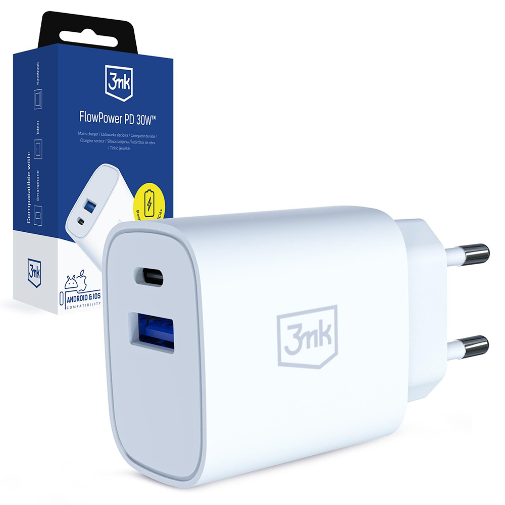 GaN зарядно за контакт, USB, Type-C 30W, PD 3.0, QC4 - 3mk - Бял