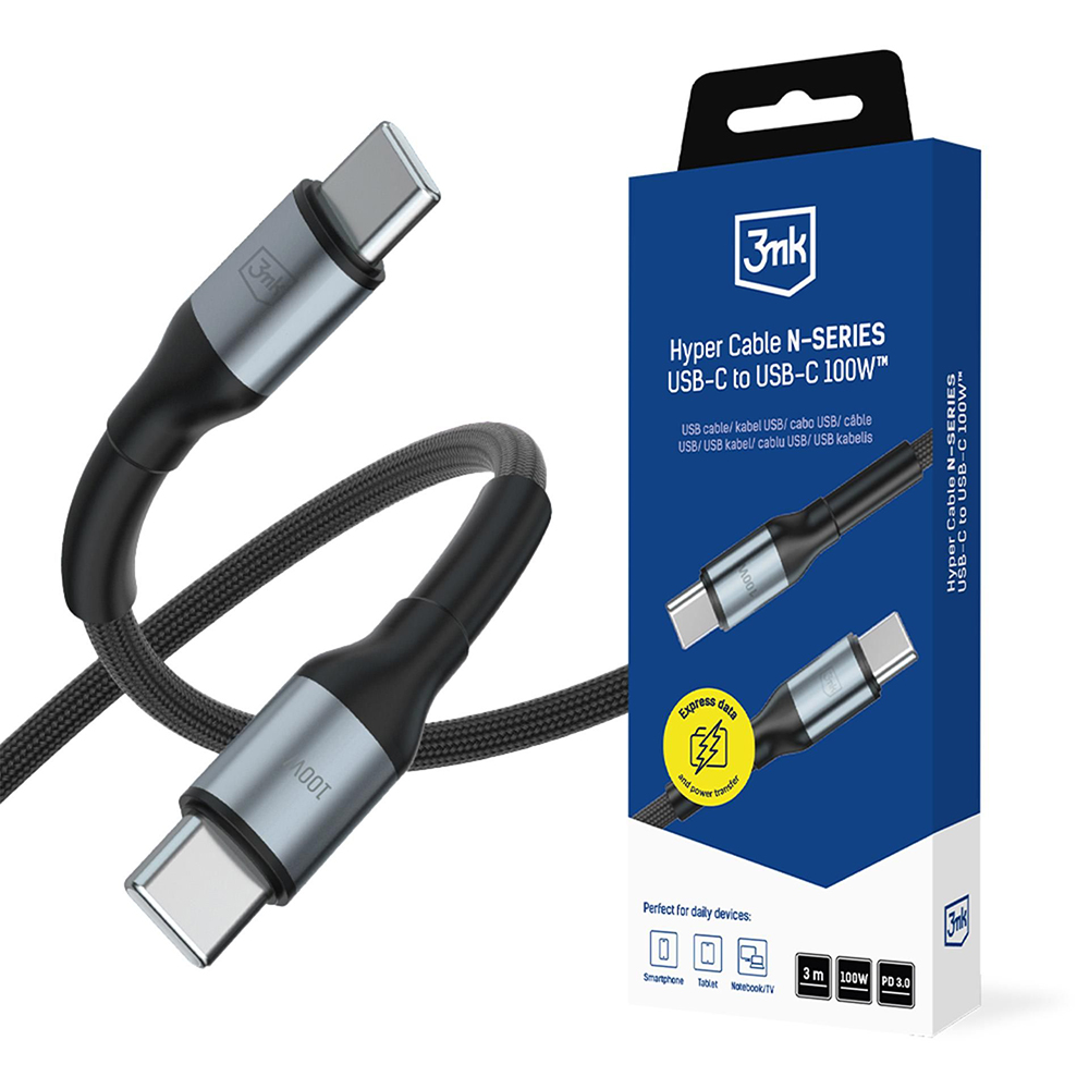 USB-C захранващ кабел, 100W, 3м - 3mk Hyper N-Series - Черен