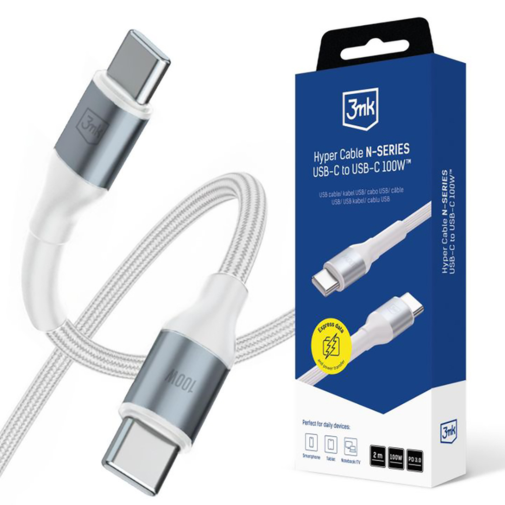 Свръхбързо зарядно кабел, USB-C, 100W, 2m - 3mk Hyper N-Series - Бял