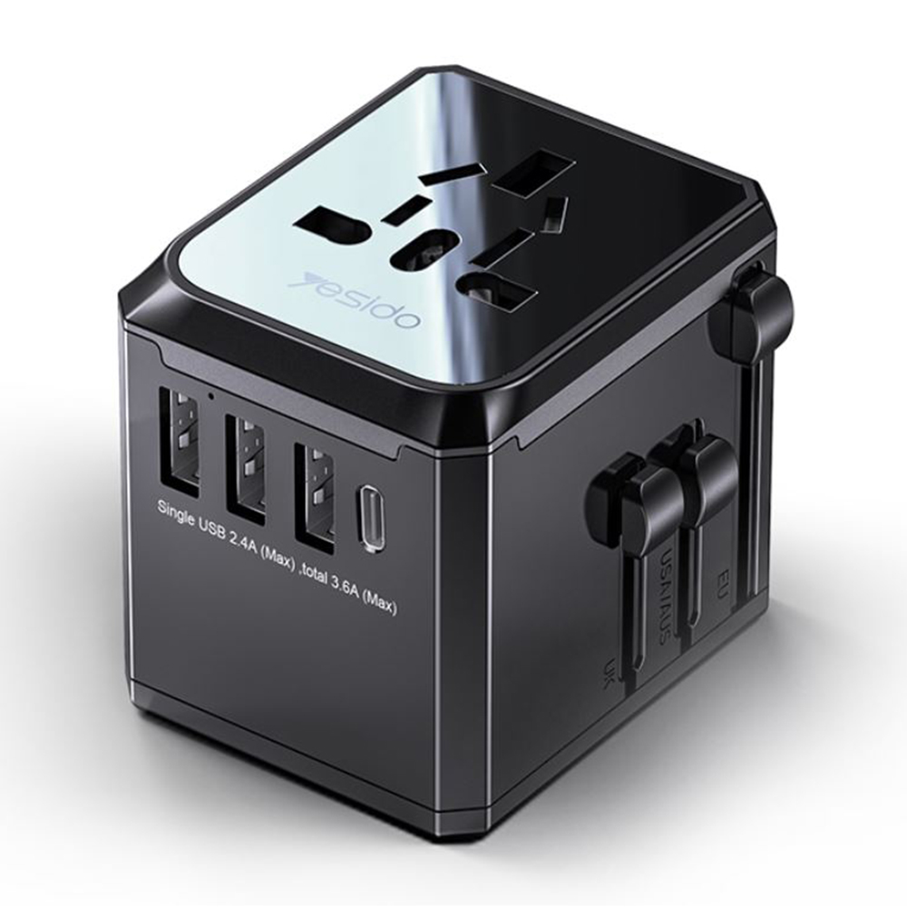 Зарядно за пътуване 3x USB, Type-C, EU, UK, US, AUS, 3.6A - Yesido (MC10) - Черно