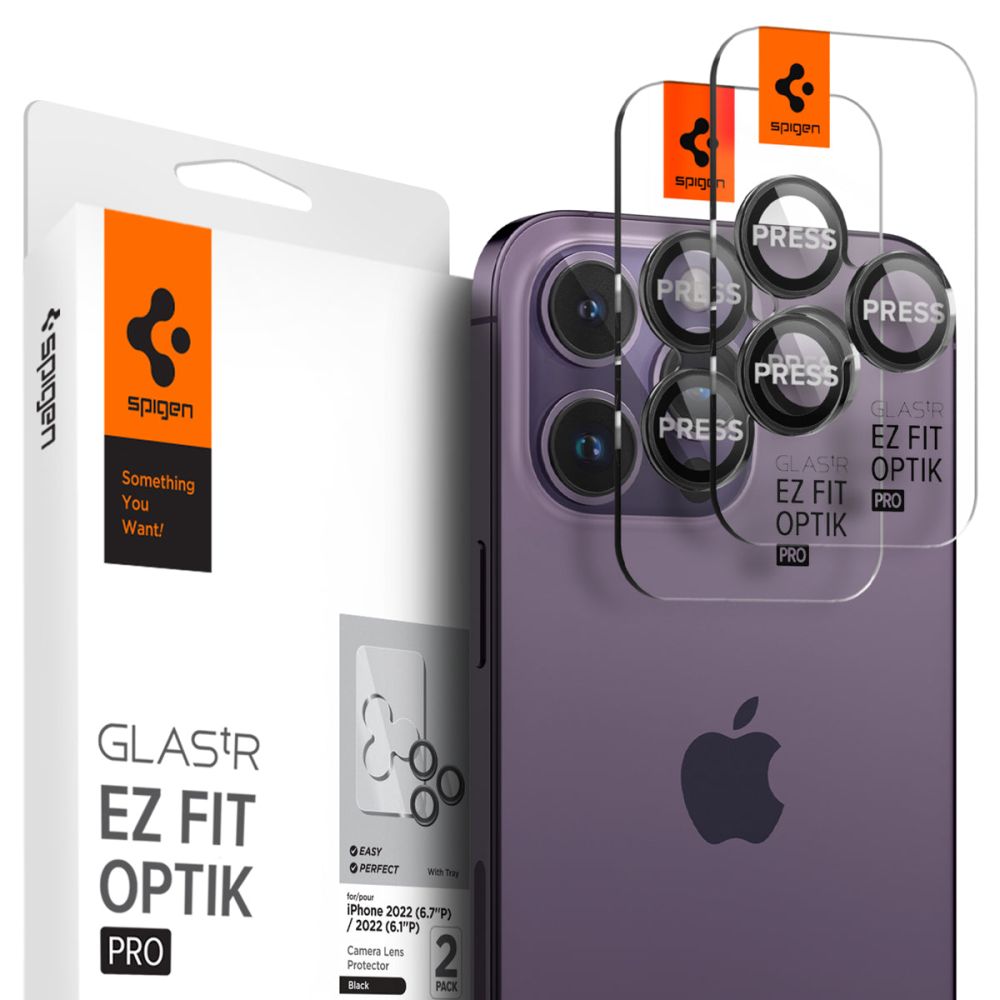 Фолио за камера за iPhone 14 Pro / Pro Max / 15 Pro / Pro Max / 16 Pro / Pro Max / 17 Pro / Pro Max (комплект 2) - Spigen Glas.tR Optik EZ Fit Pro (AGL05205) - Черен